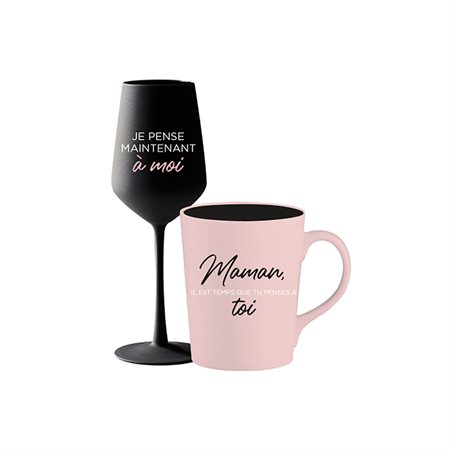 Duo tasse à café et verre à vin “Maman” noir et rose