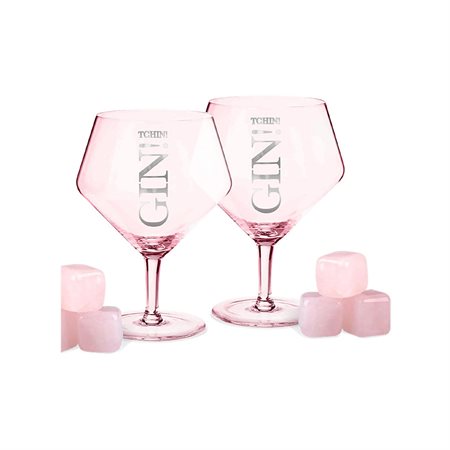 Duo “Chin Gin” stemmed gin glasses with 6 acrylic ice cubes